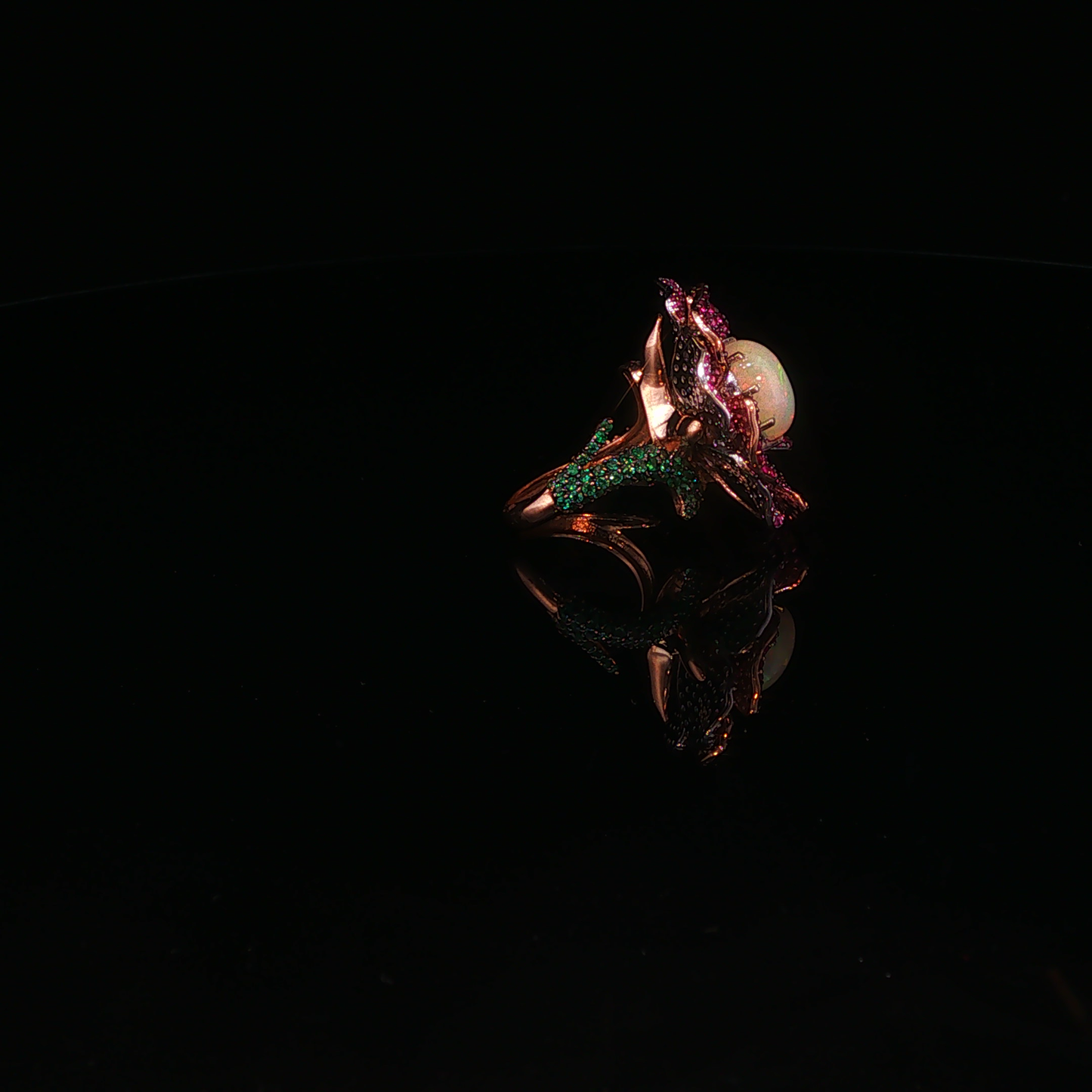 Opal with Pink Sapphire and Emerald Floral Cocktail Ring in Rose Gold