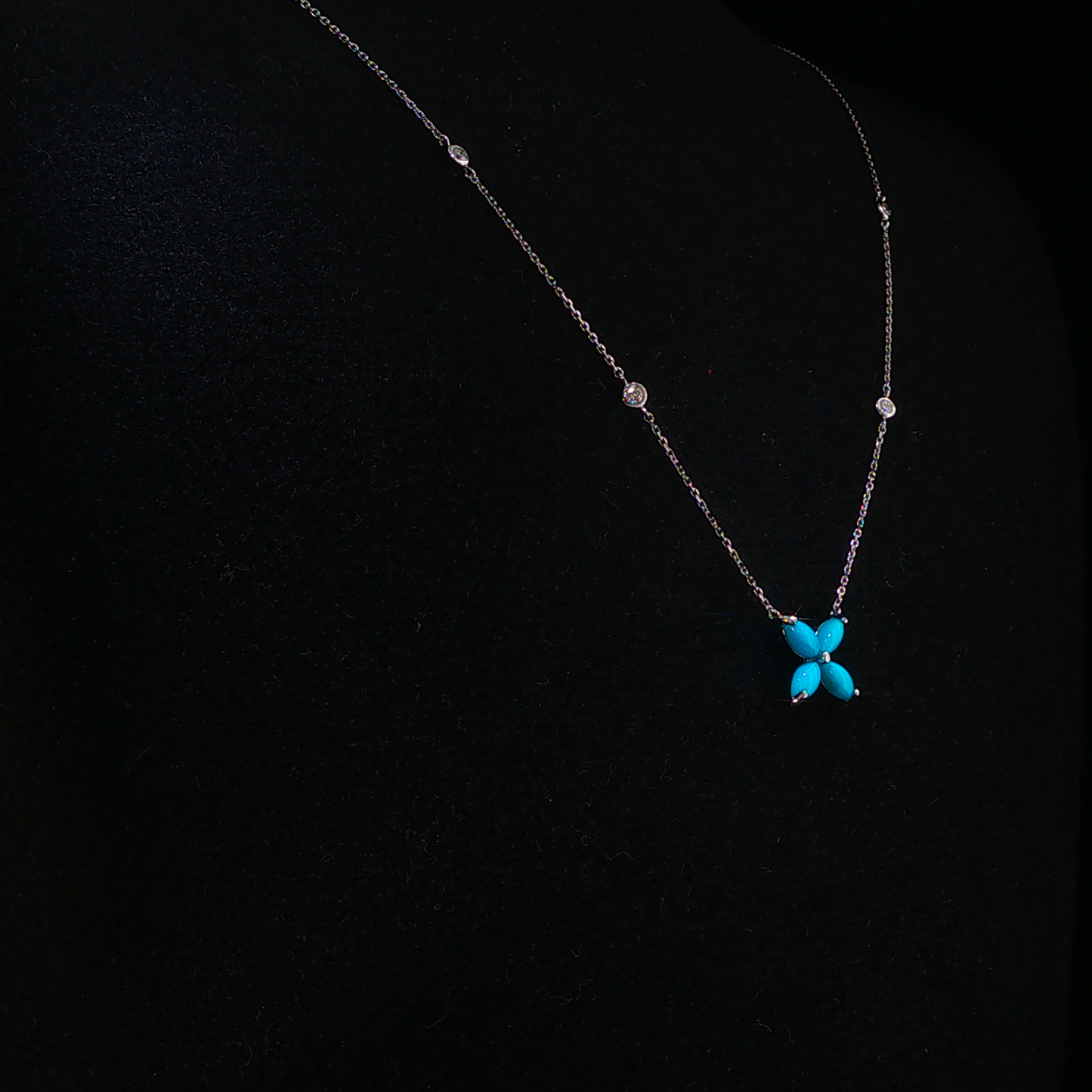 Turquoise and Natural Diamond Floral Necklace in White Gold