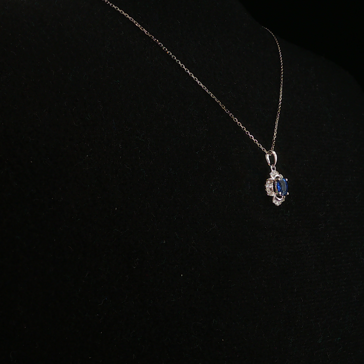 Royal Blue Sapphire Halo Pendant Necklace in White Gold