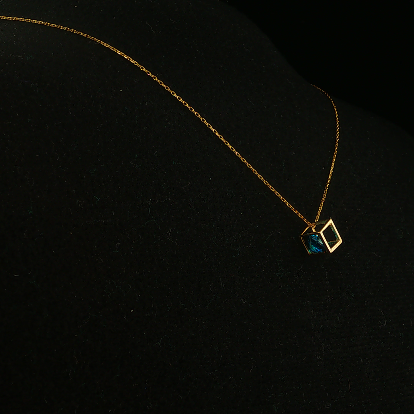 Geometric Cube Blue Gemstone Pendant Necklace in Yellow Gold