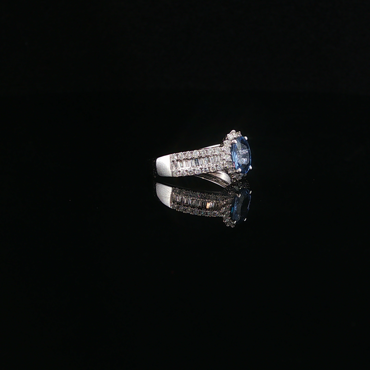 Medium Blue Sapphire and Natural Diamond Halo White Gold Ring