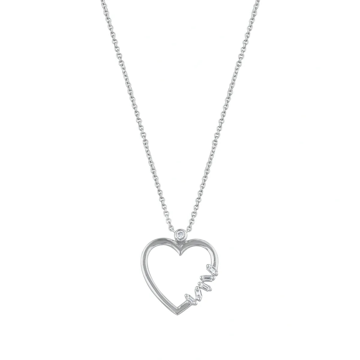 14K White Gold Heart Shape Necklace with Baguette Diamonds