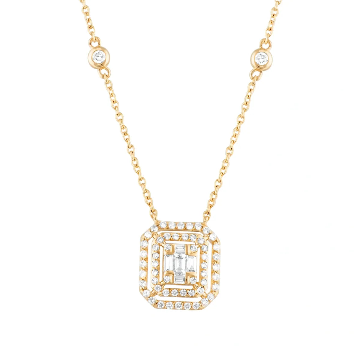 14K Yellow Gold Square Necklace with Diamonds and Baguette Setting