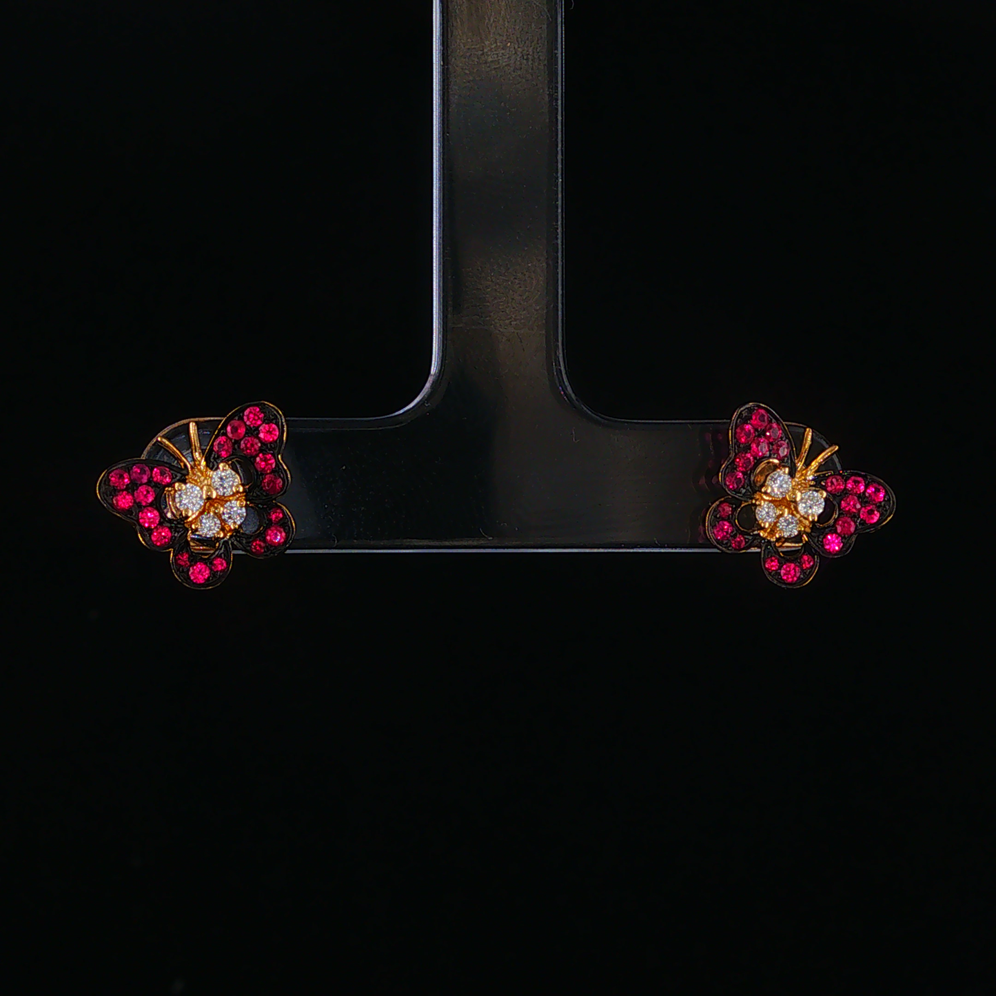 Red Ruby Butterfly Stud Earrings in Yellow Gold