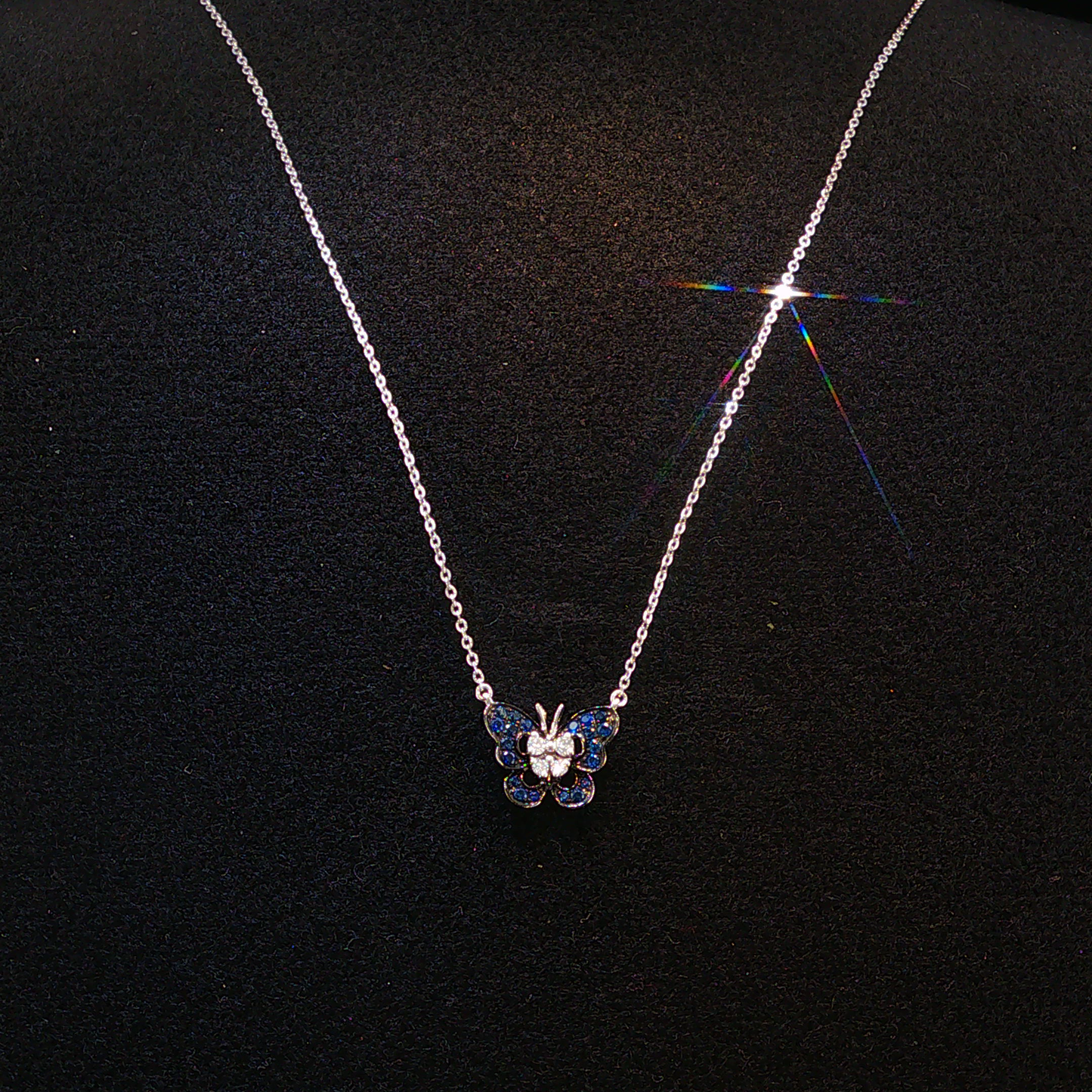 White Gold Butterfly Necklace with Intense Blue Sapphires