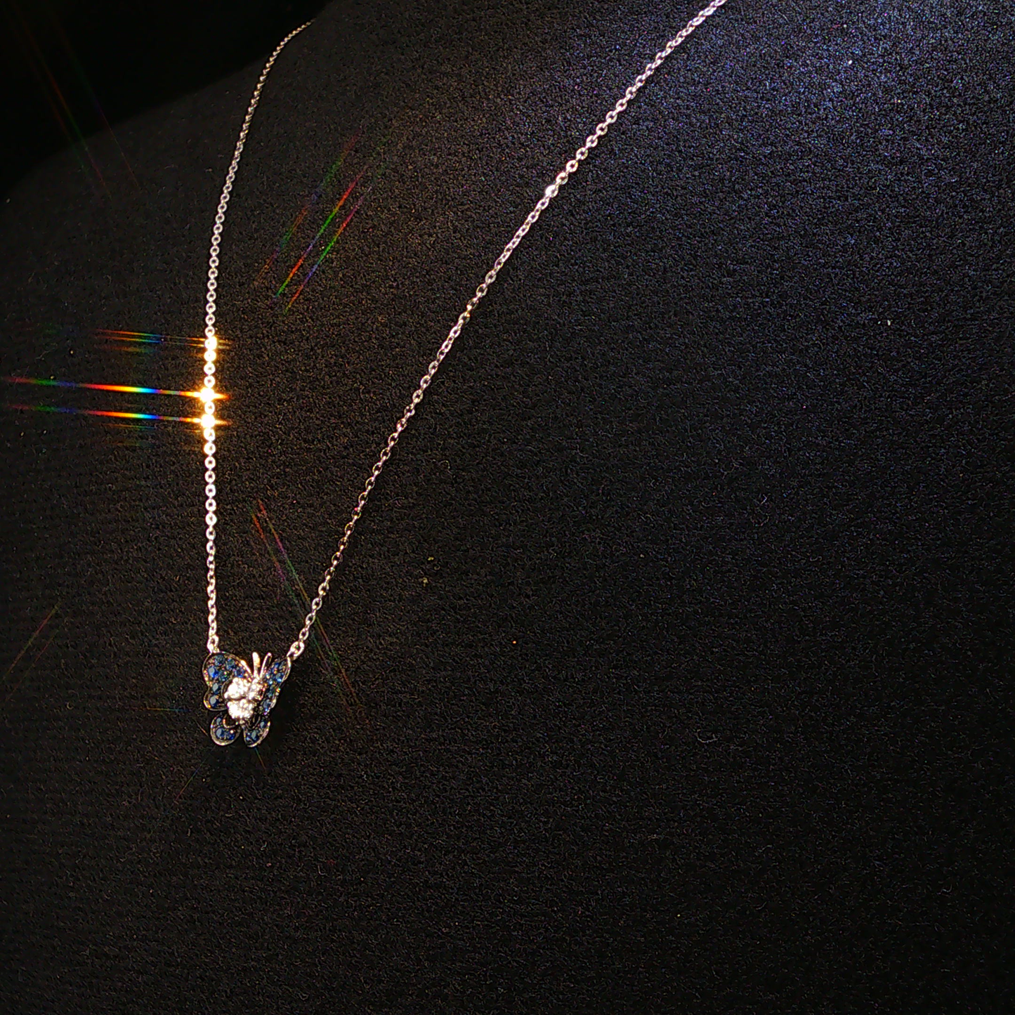White Gold Butterfly Necklace with Intense Blue Sapphires