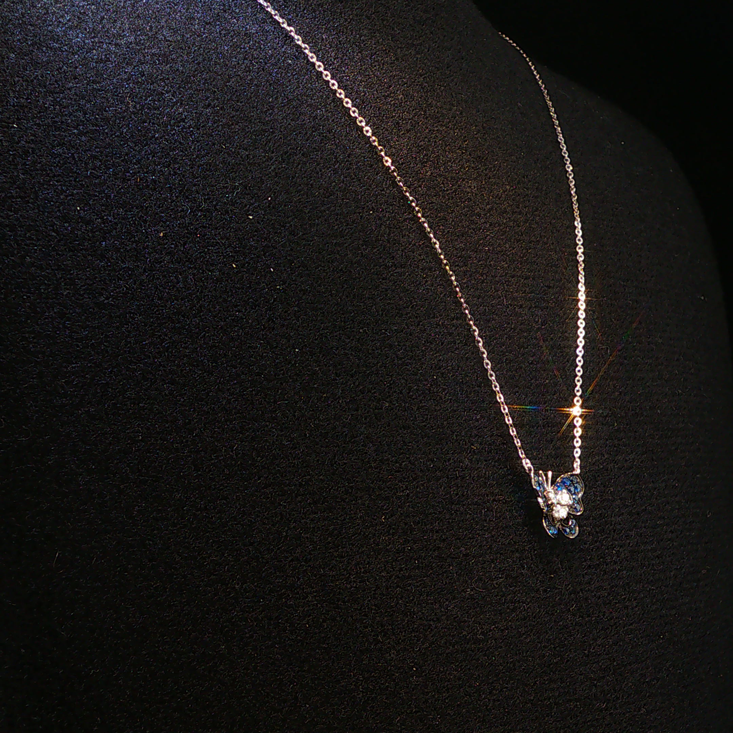 White Gold Butterfly Necklace with Intense Blue Sapphires