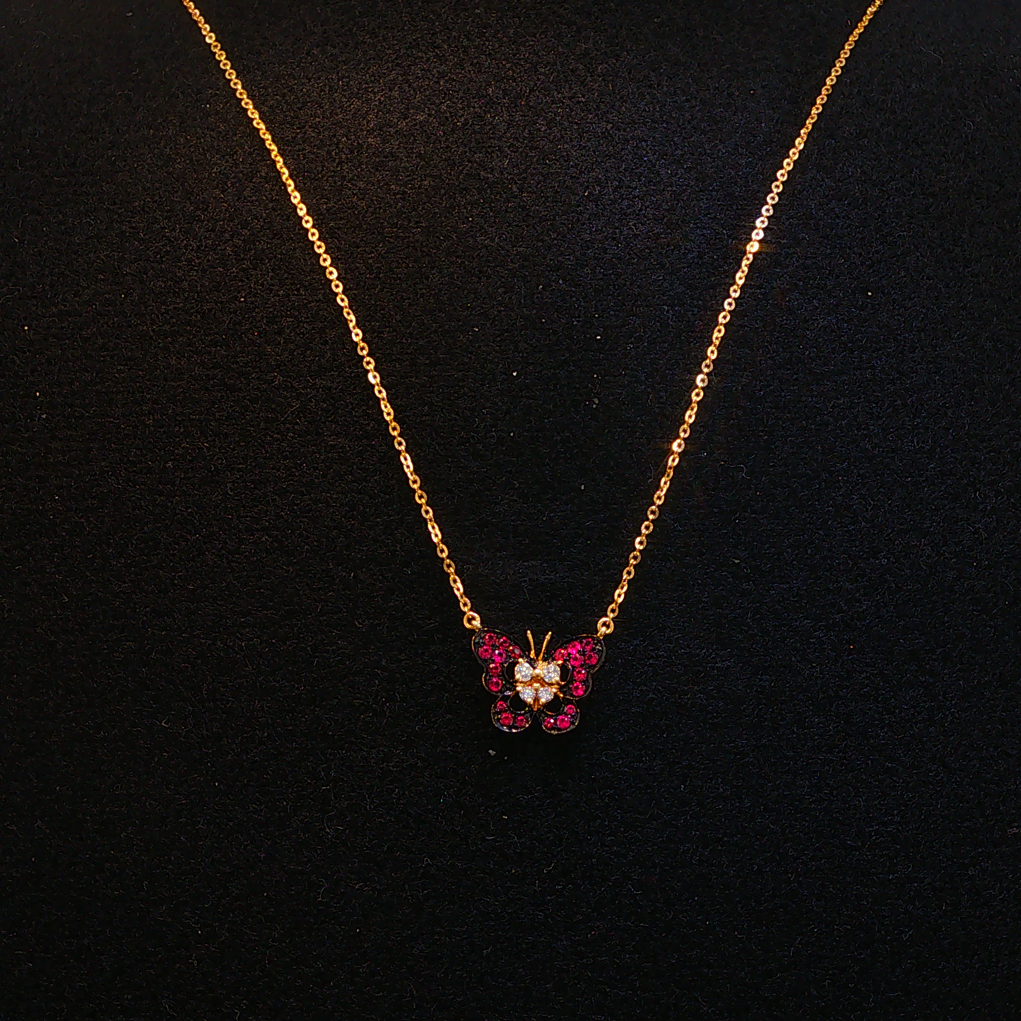 Yellow Gold Red Ruby Butterfly Charm Necklace