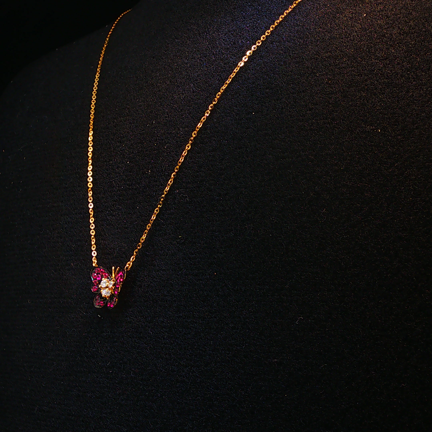 Yellow Gold Red Ruby Butterfly Charm Necklace
