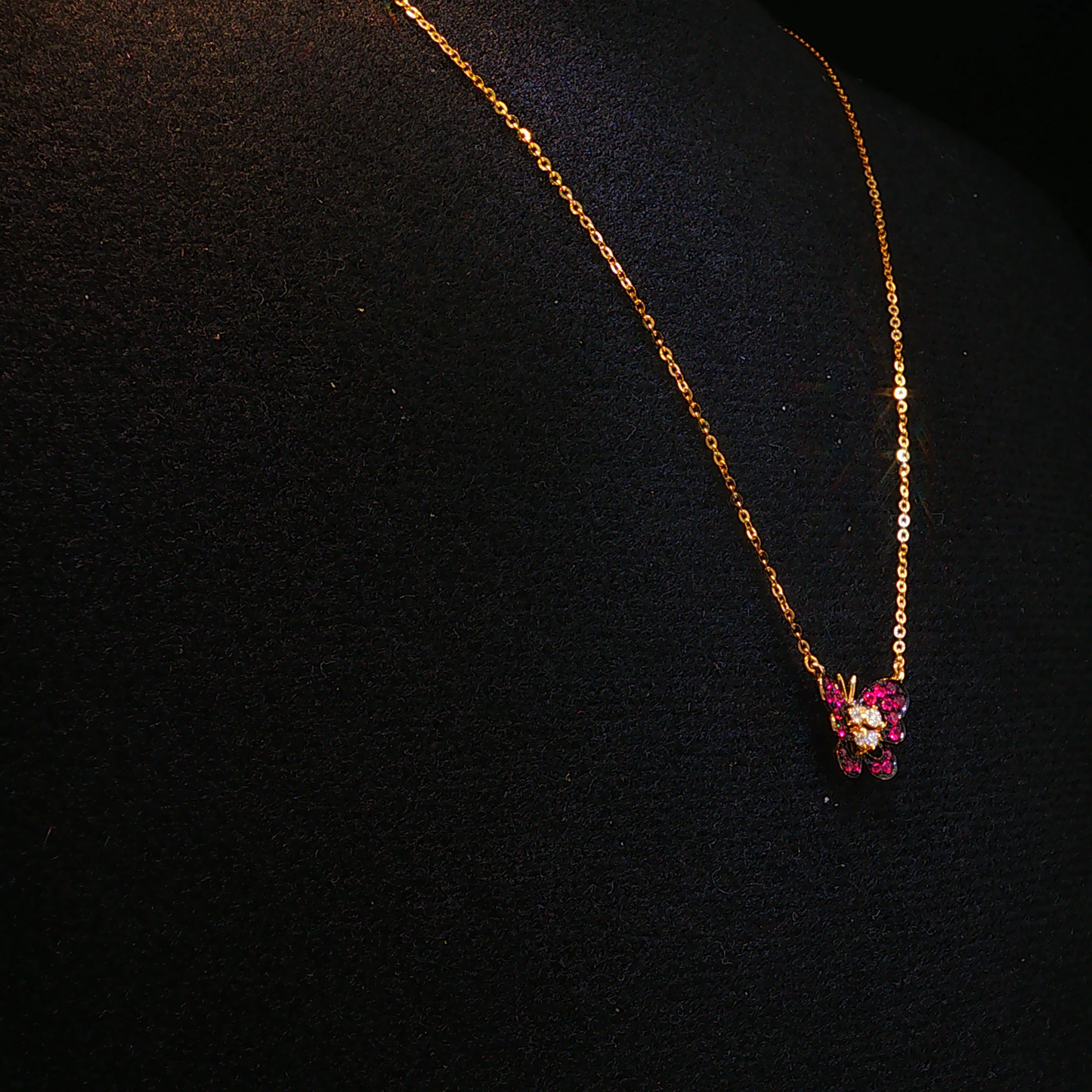 Yellow Gold Red Ruby Butterfly Charm Necklace