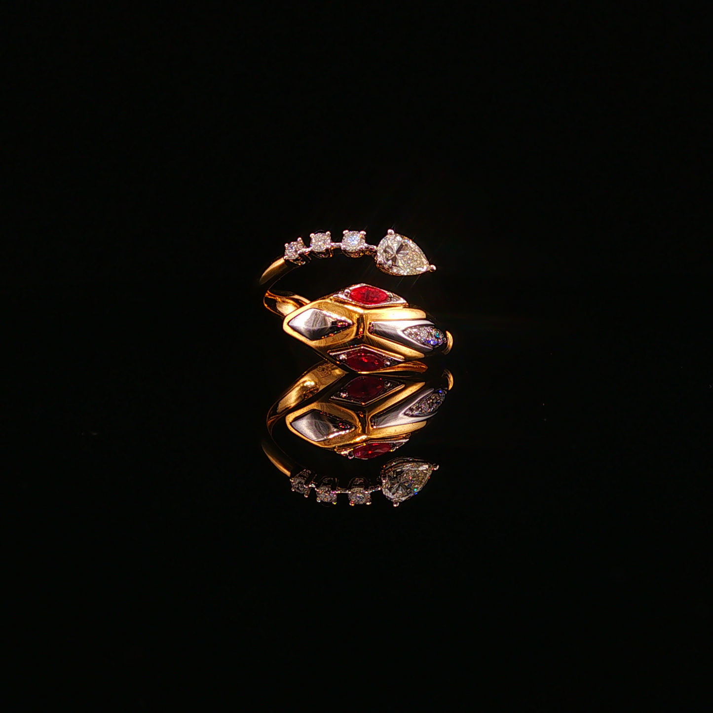 Yellow Gold Serpent Cocktail Ring with Red Rubies