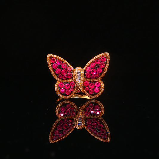 Pigeon Blood Ruby Butterfly Cocktail Ring in Yellow Gold