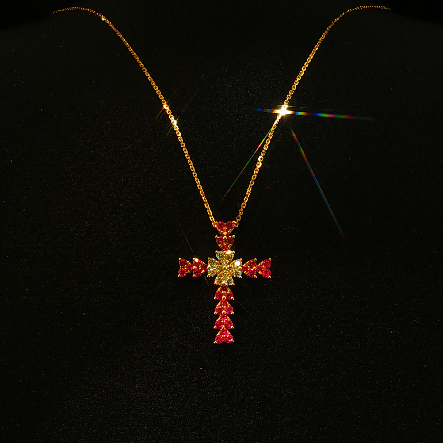 Red Ruby Heart Cross Pendant in Yellow Gold