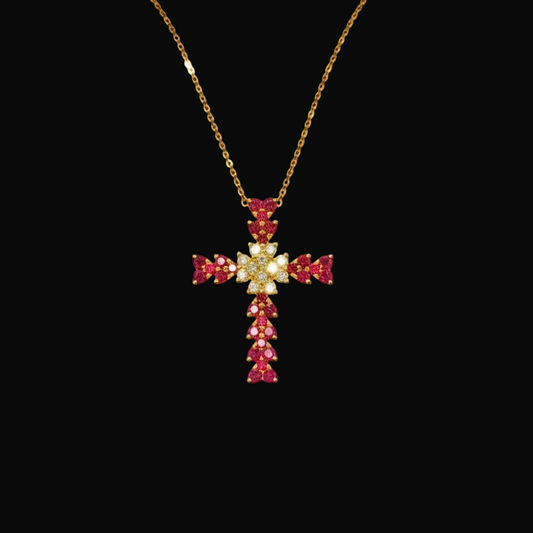 Red Ruby Heart Cross Pendant in Yellow Gold