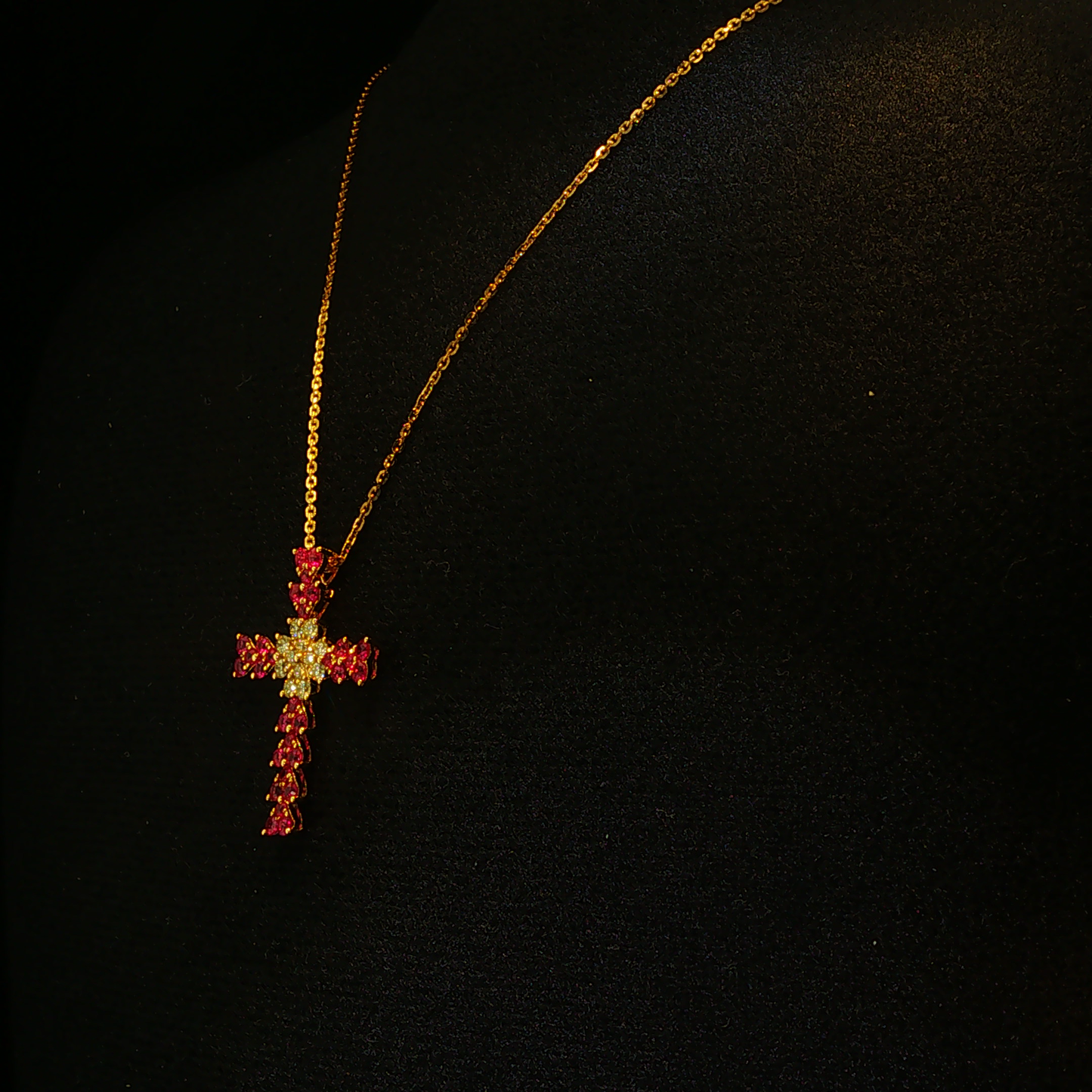 Red Ruby Heart Cross Pendant in Yellow Gold