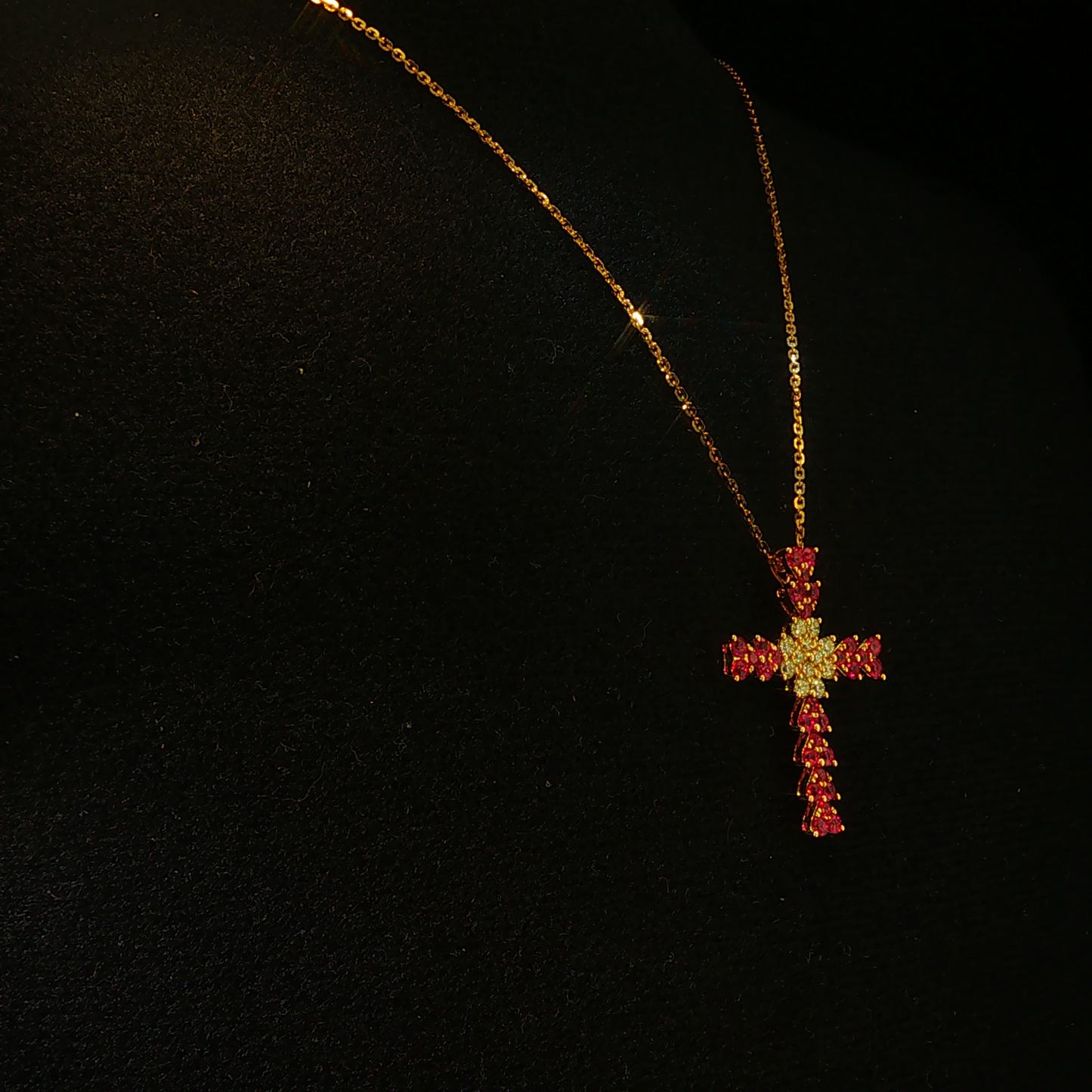 Red Ruby Heart Cross Pendant in Yellow Gold