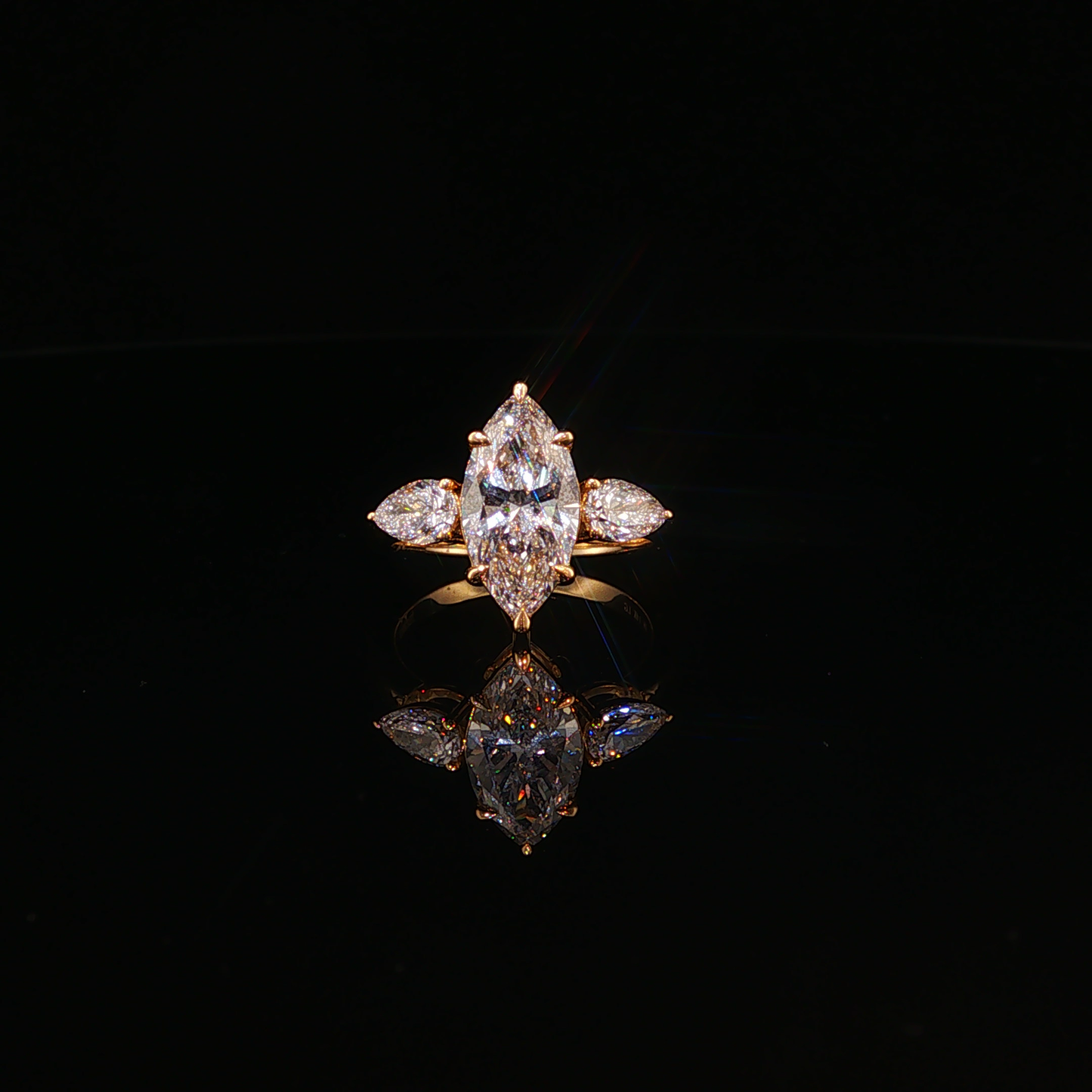 Marquise and Pear Lab Diamond Three-Stone Ring in Yellow Gold