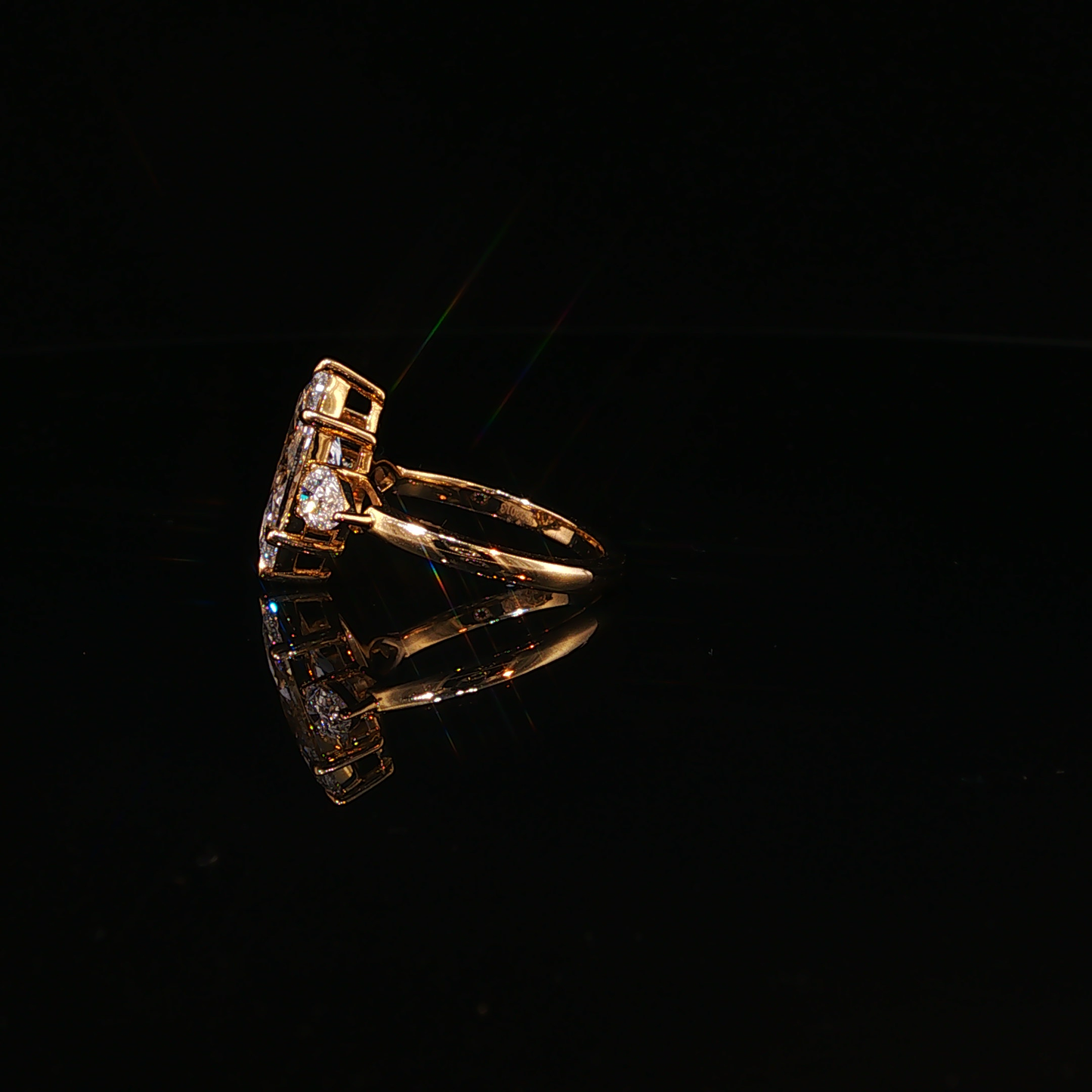 Marquise and Pear Lab Diamond Three-Stone Ring in Yellow Gold