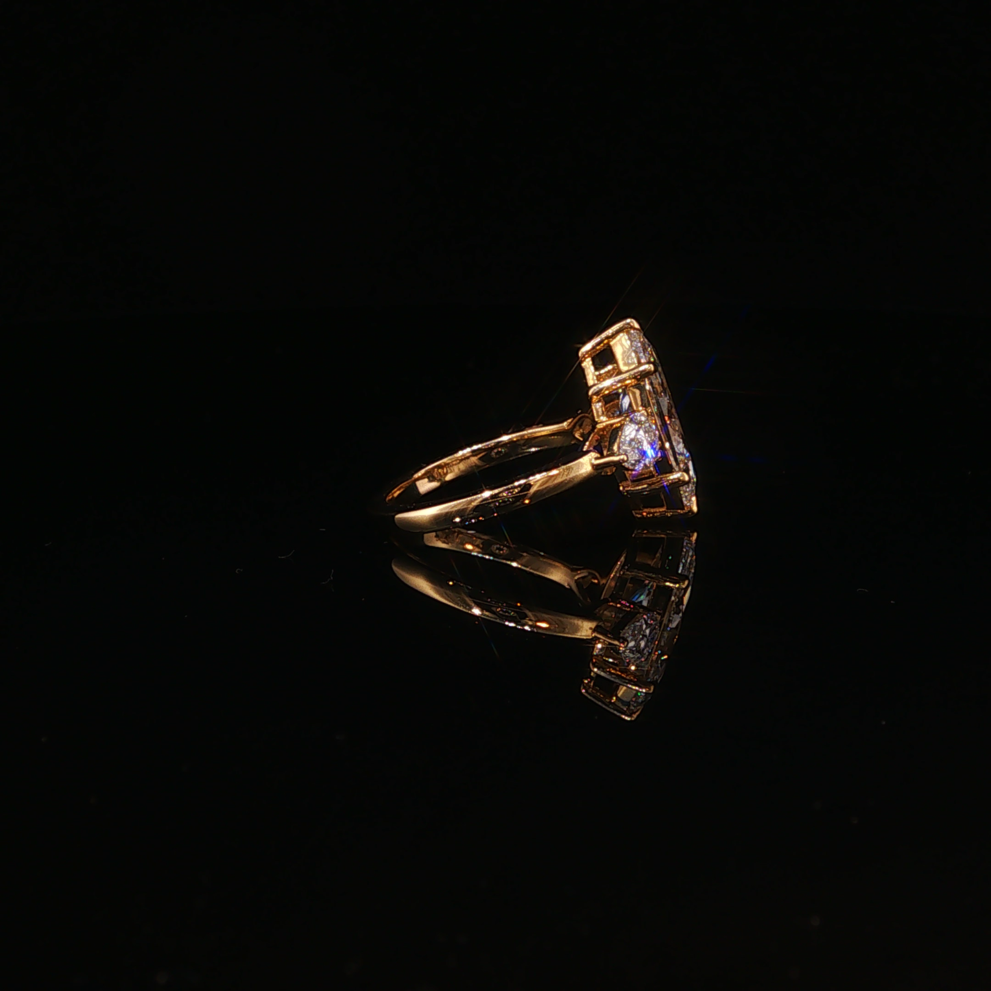 Marquise and Pear Lab Diamond Three-Stone Ring in Yellow Gold