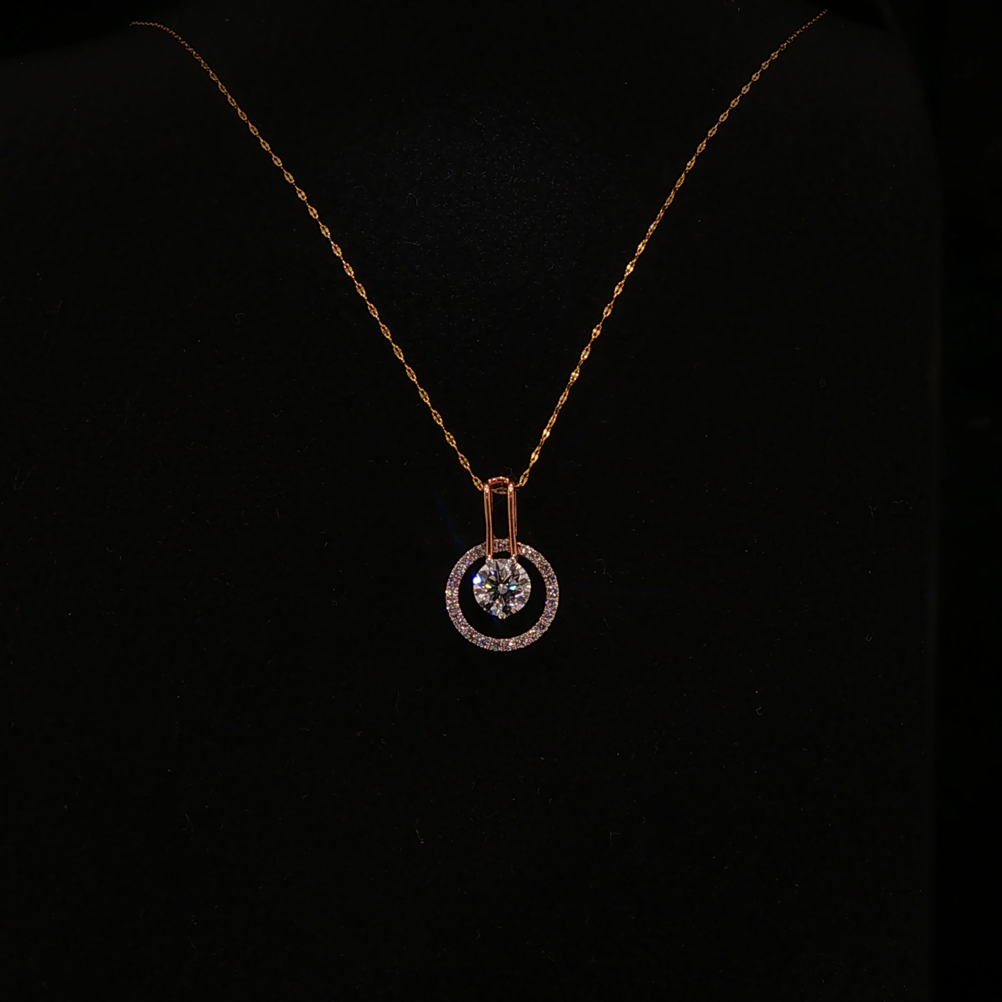Floating Lab Diamond Open Circle Pendant in Rose Gold with Yellow Chain
