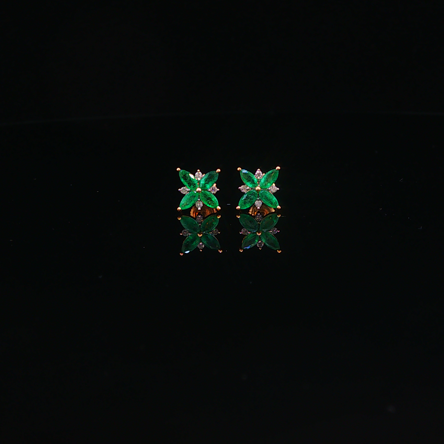 Marquise Emerald Floral Stud Earrings in Yellow Gold