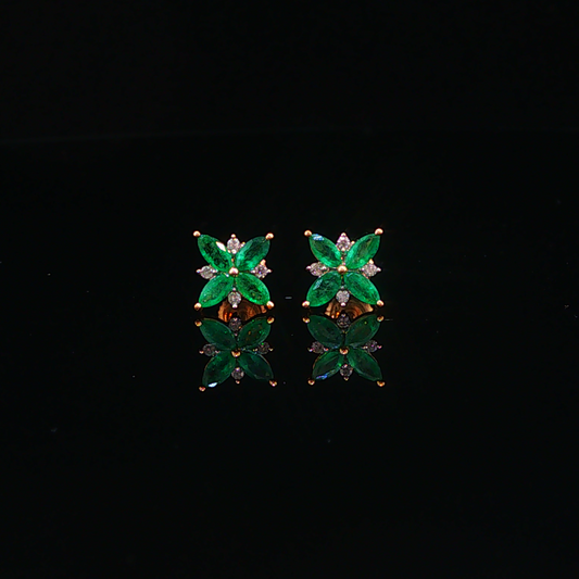 Marquise Emerald Floral Stud Earrings in Yellow Gold