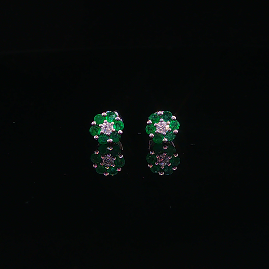 Emerald Cluster Floral Earrings in White Gold