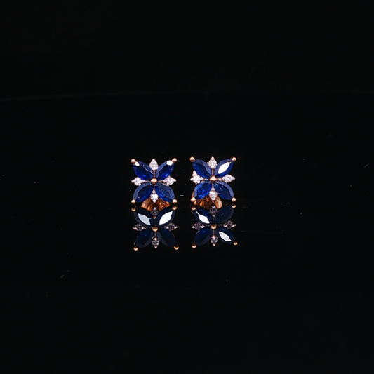 Royal Blue Sapphire Floral Screw Back Stud Earrings in Yellow Gold