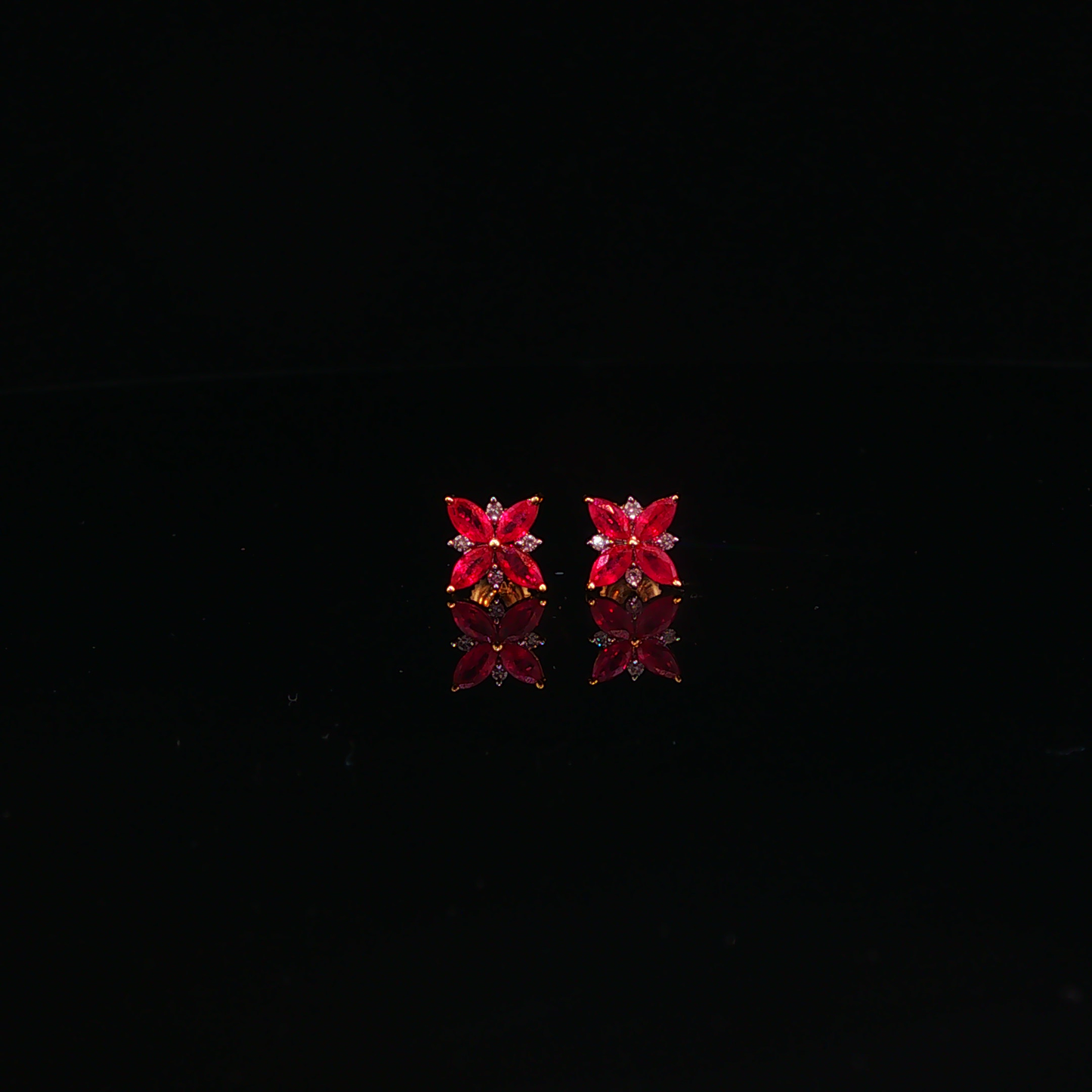 Marquise Ruby Floral Screw Back Stud Earrings in Yellow Gold