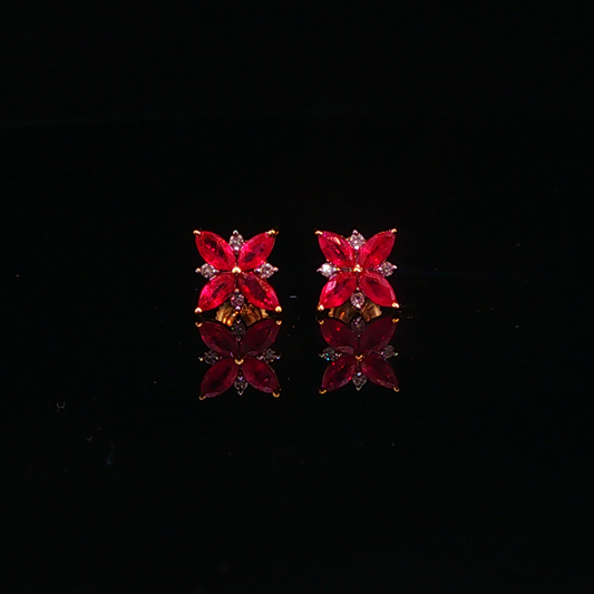Marquise Ruby Floral Screw Back Stud Earrings in Yellow Gold