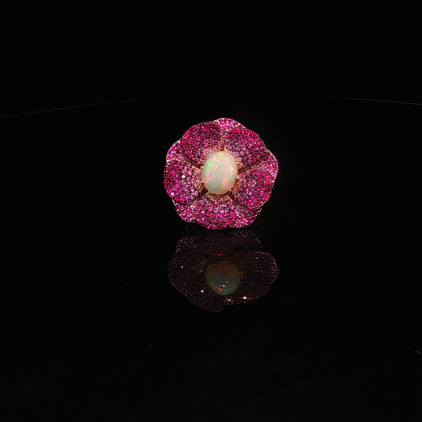 Opal with Pink Sapphire and Emerald Floral Cocktail Ring in Rose Gold