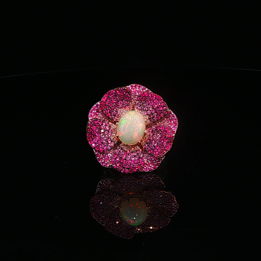 Opal with Pink Sapphire and Emerald Floral Cocktail Ring in Rose Gold