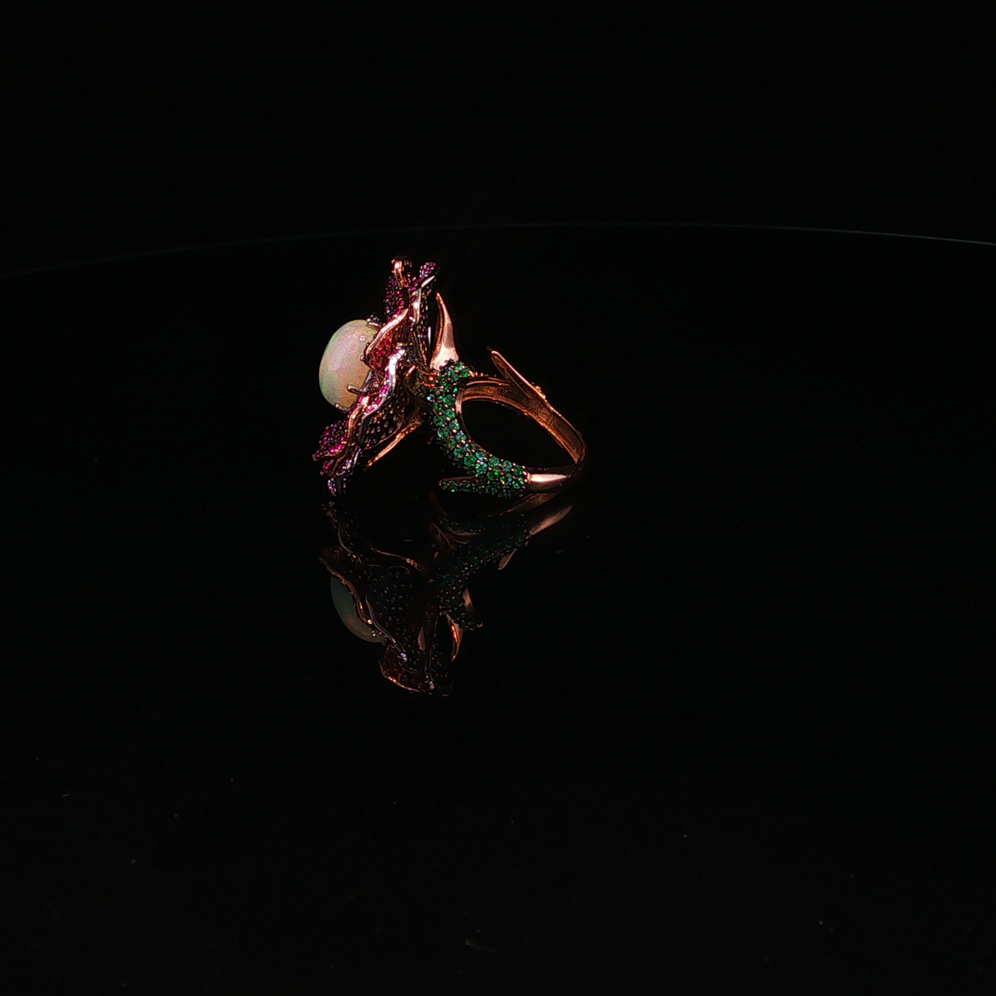Opal with Pink Sapphire and Emerald Floral Cocktail Ring in Rose Gold