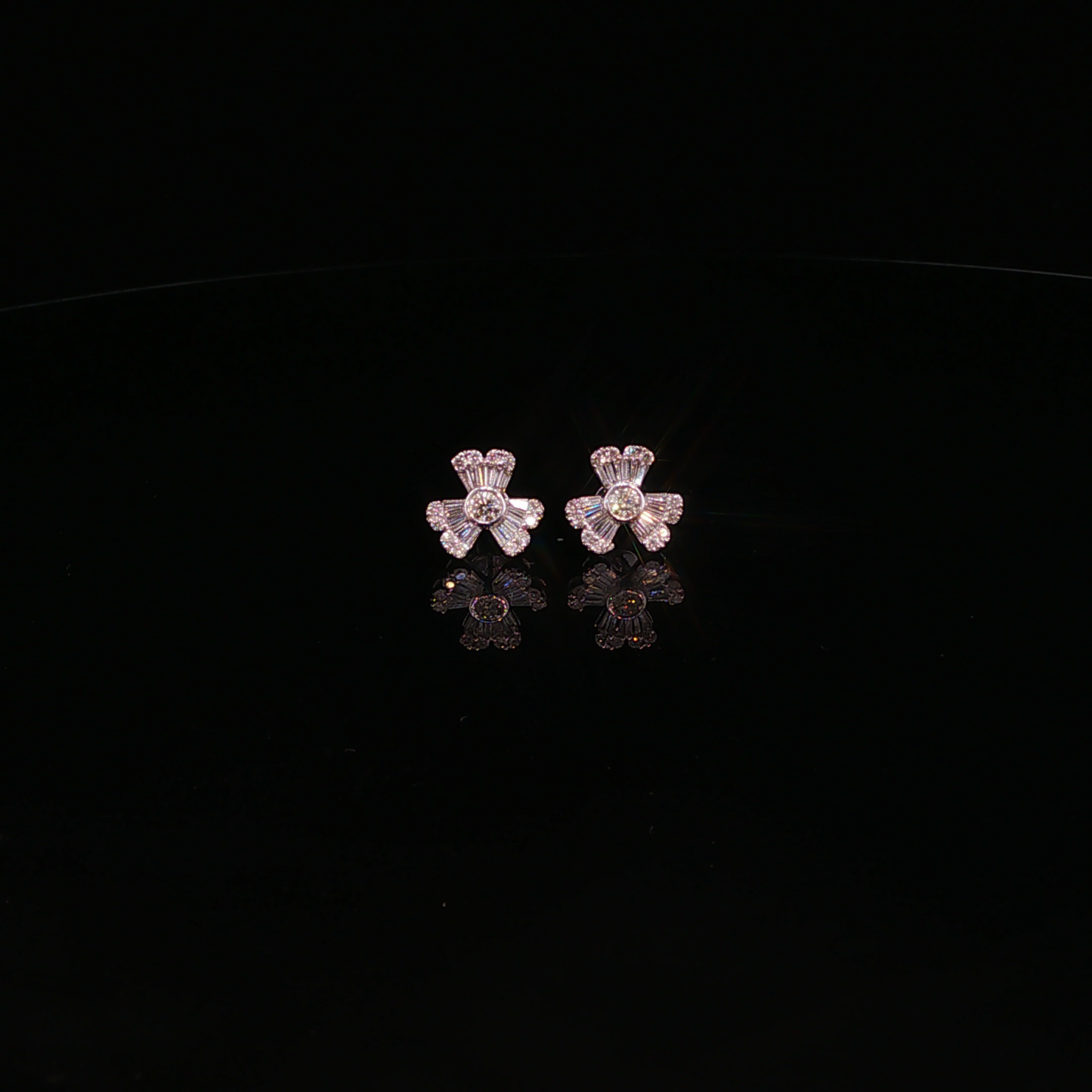 Diamond Floral Three-Petal Stud Earrings in White Gold