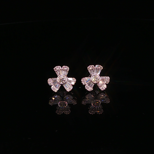 Diamond Floral Three-Petal Stud Earrings in White Gold