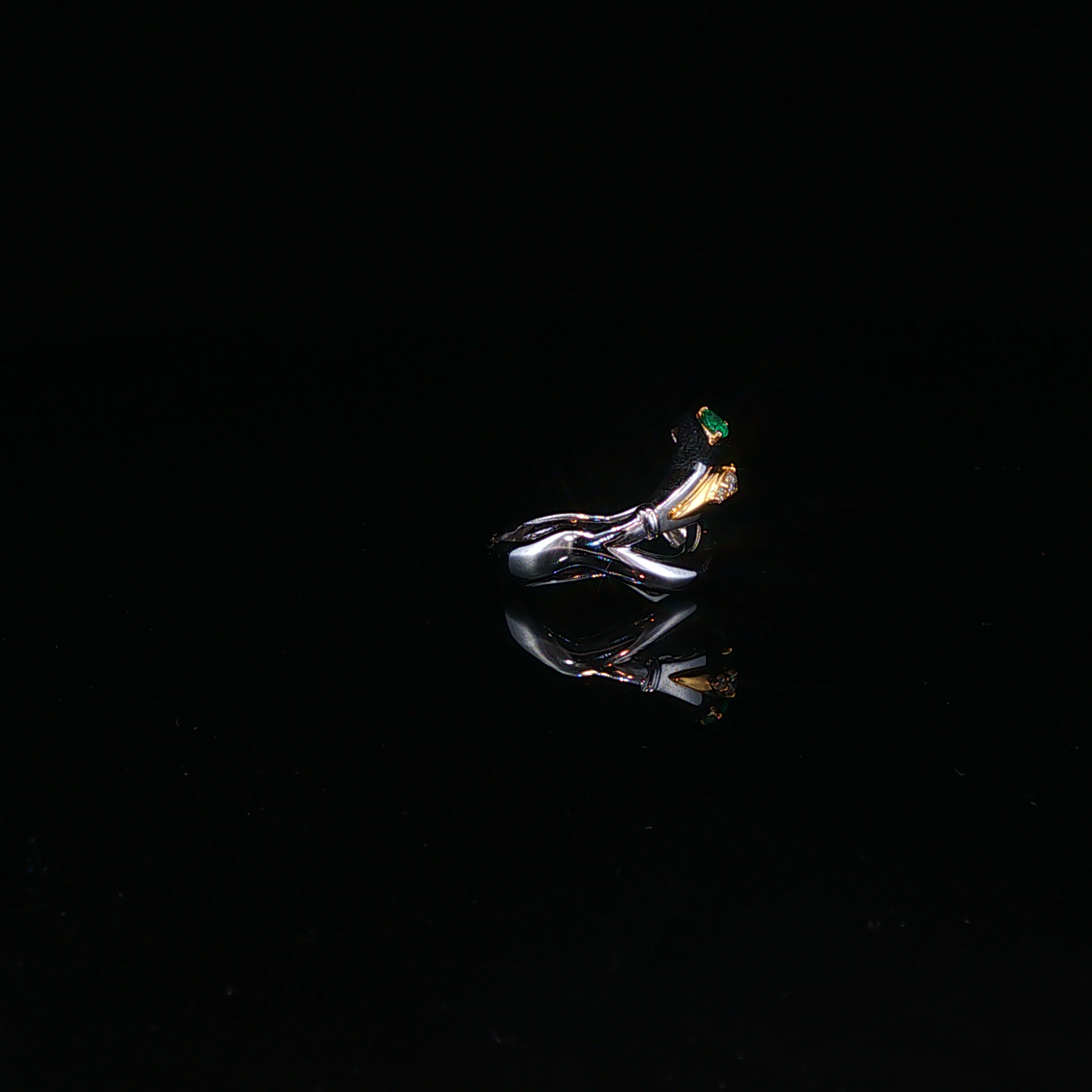 White Gold Emerald Sculptural Cocktail Ring