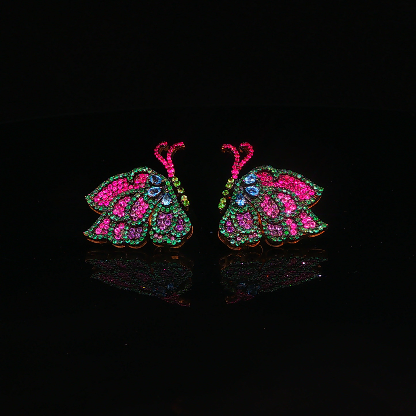 Multicolor Diamonds Butterfly Stud Earrings in Yellow Gold
