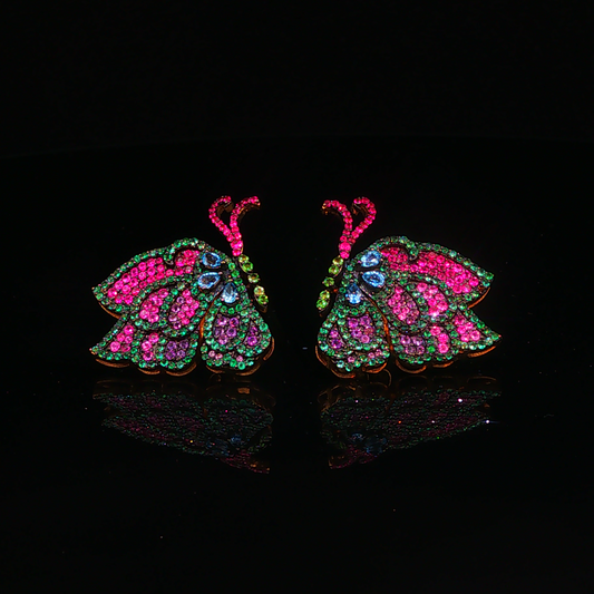 Multicolor Diamonds Butterfly Stud Earrings in Yellow Gold