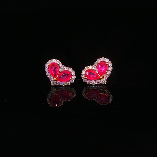 White Gold Pigeon Blood Ruby Heart Halo Stud Earrings