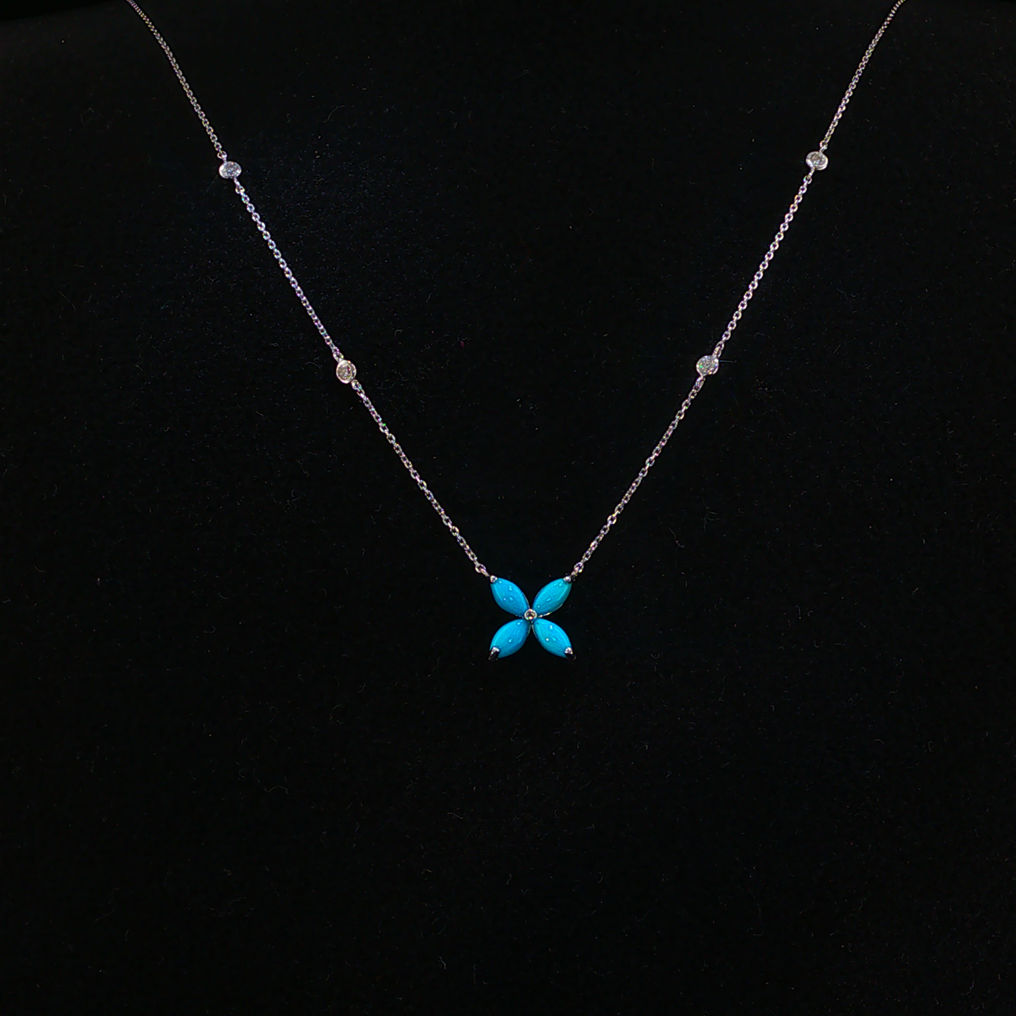 Turquoise and Natural Diamond Floral  Necklace in White Gold