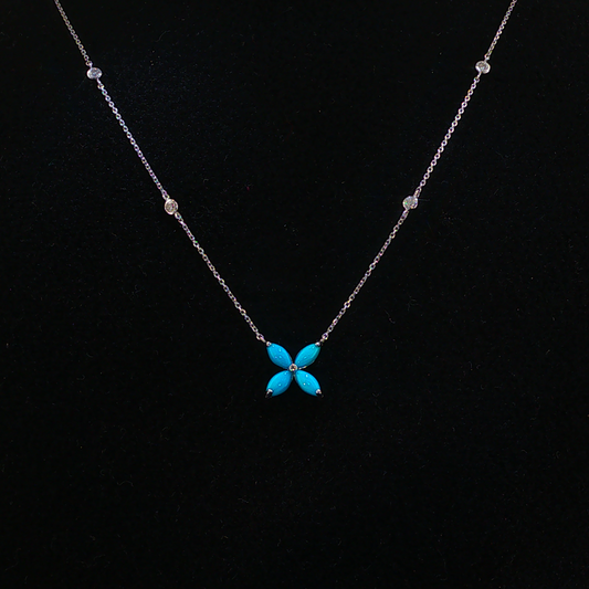 Turquoise and Natural Diamond Floral  Necklace in White Gold