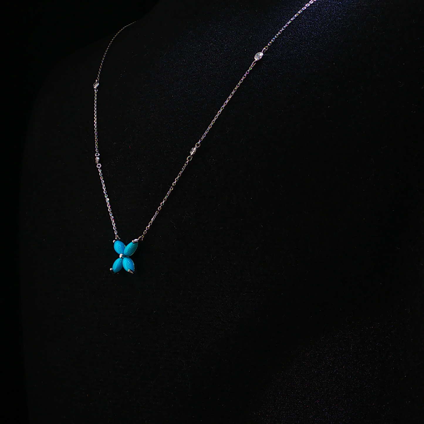 Turquoise and Natural Diamond Floral  Necklace in White Gold