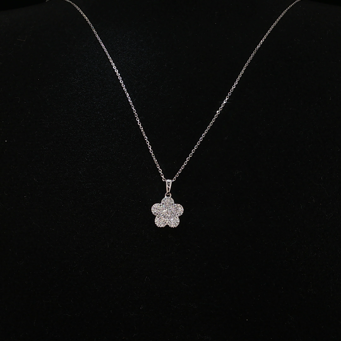 Pave Natural Diamond Flower Pendant Necklace in White Gold