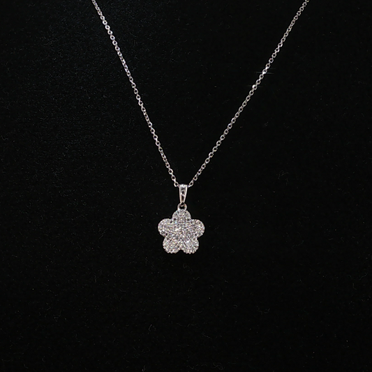 Pave Natural Diamond Flower Pendant Necklace in White Gold