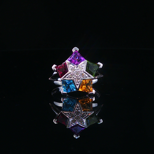 Semi Precious Gemstones and Natural Diamond Star Cocktail Ring in White Gold