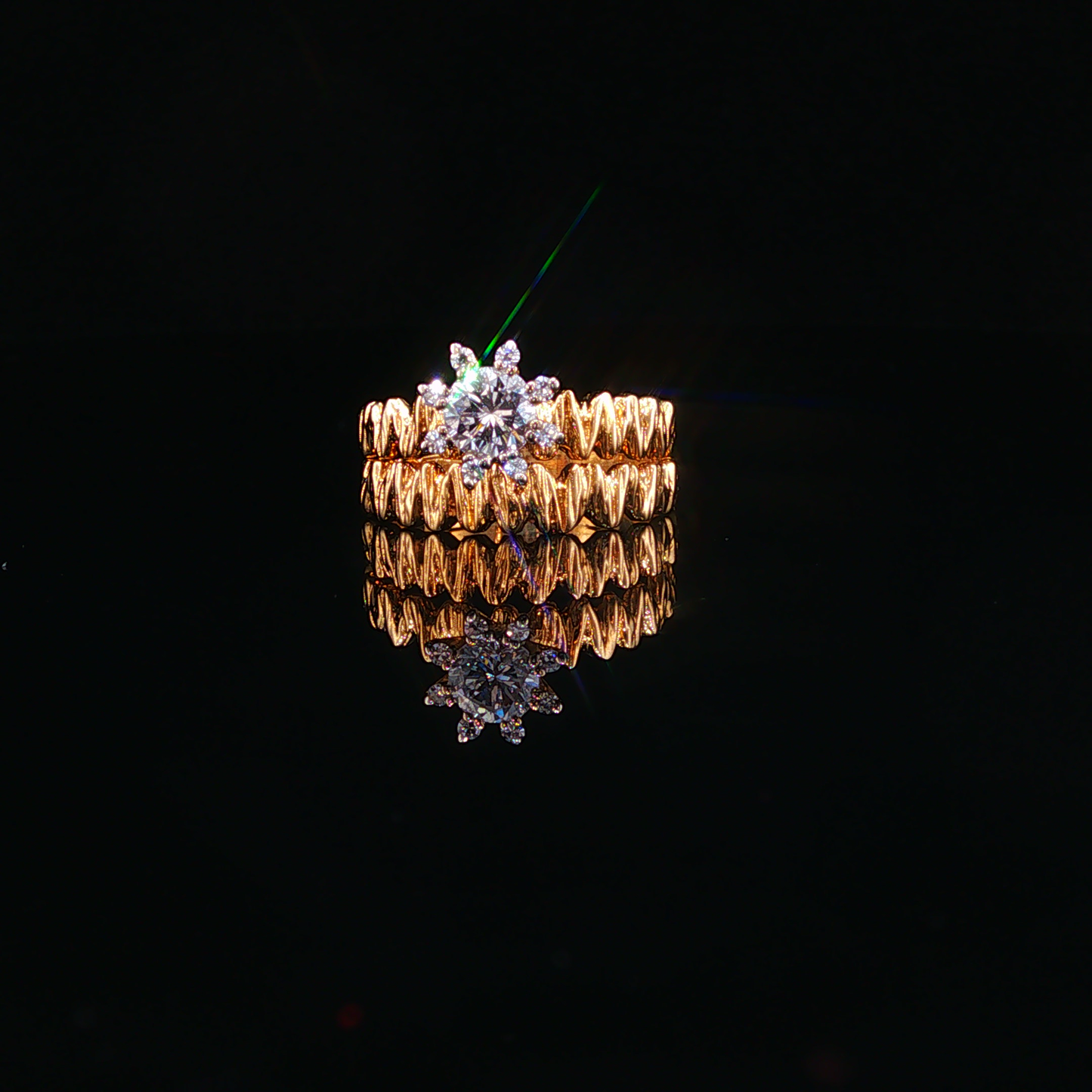 Textured Yellow Gold Natural Diamond Stackable Effect Ring Set