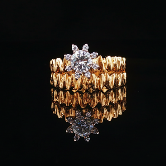 Textured Yellow Gold Natural Diamond Stackable Effect Ring Set
