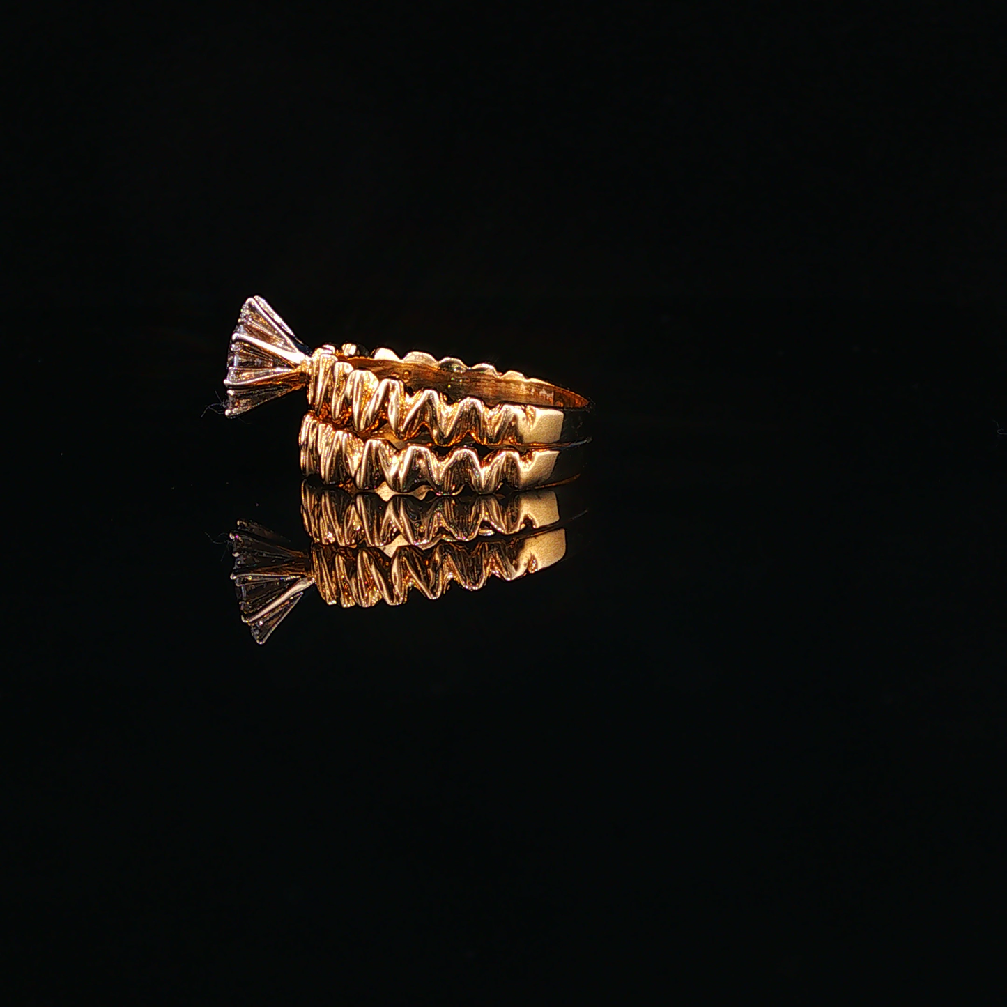 Textured Yellow Gold Natural Diamond Stackable Effect Ring Set