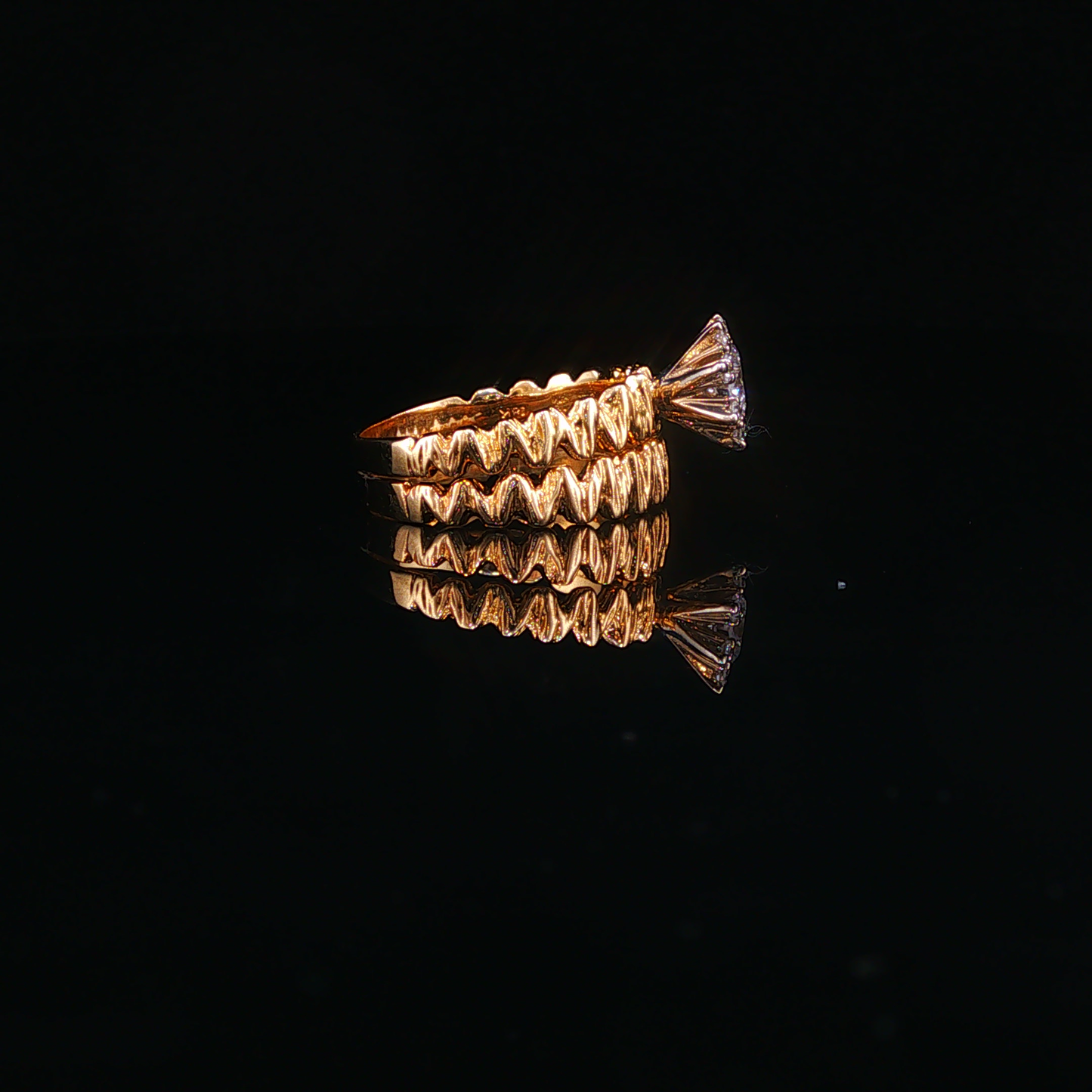 Textured Yellow Gold Natural Diamond Stackable Effect Ring Set