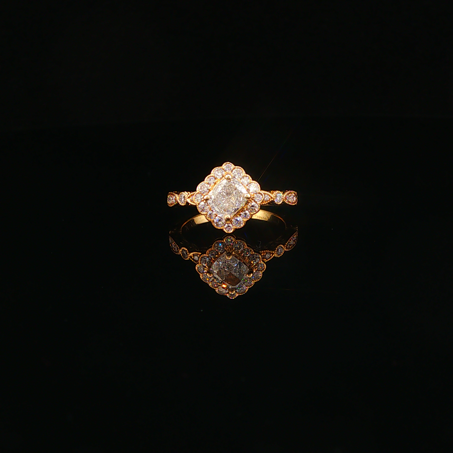 Yellow Gold Scalloped Diamond Halo Engagement Ring